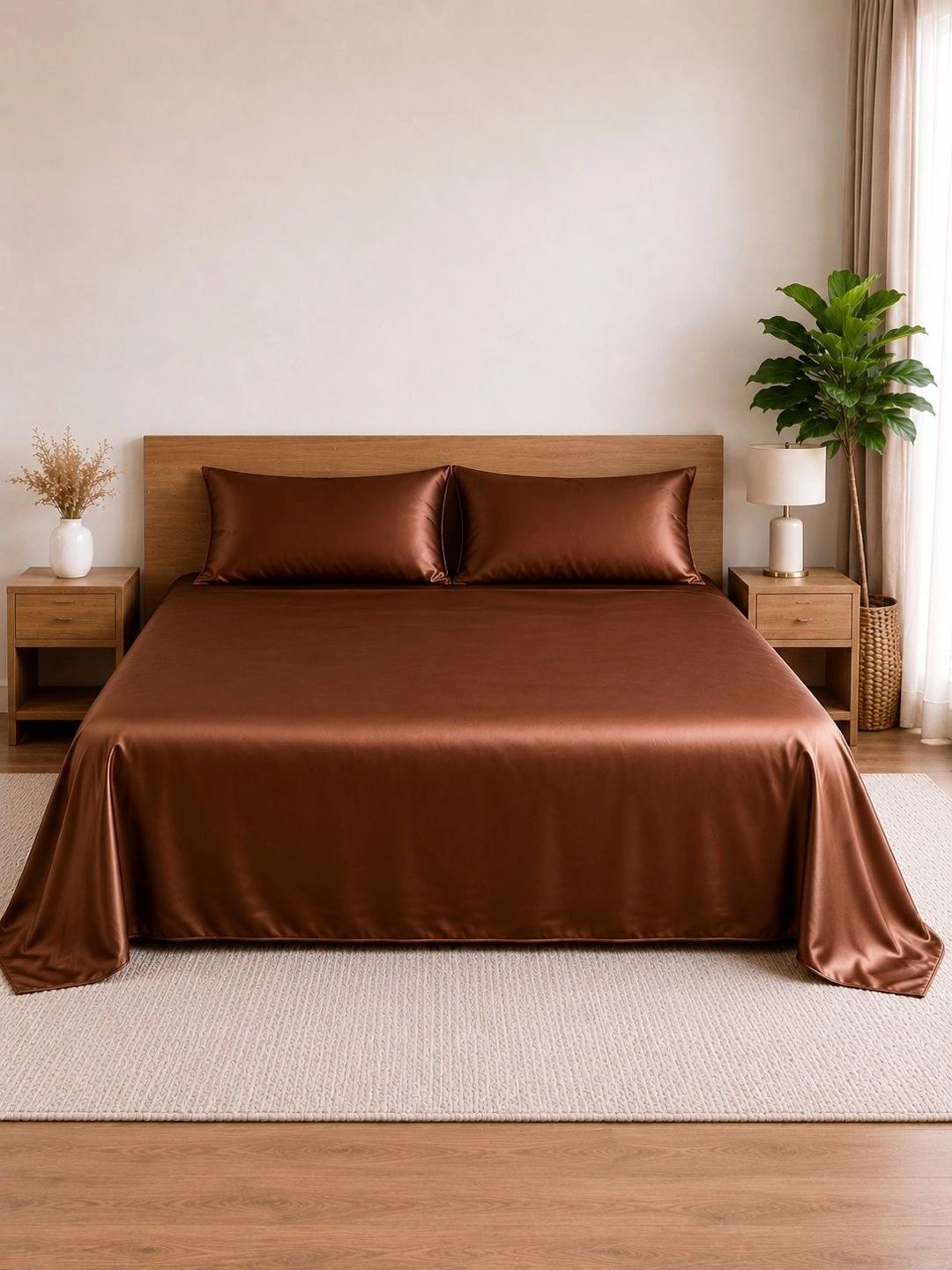 Bedbathandbliss Brown 300 TC King Bedsheet with 2 Pillow Covers-image-30