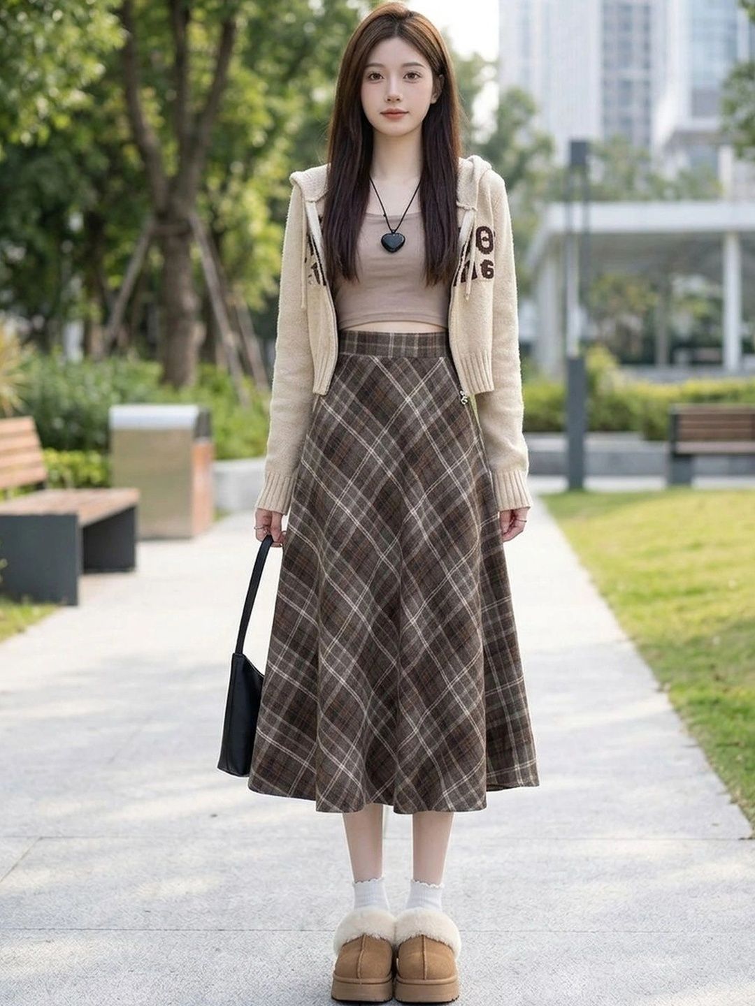 Suo Women Checked Summer Checks Midi A-Line Skirt-picture-24