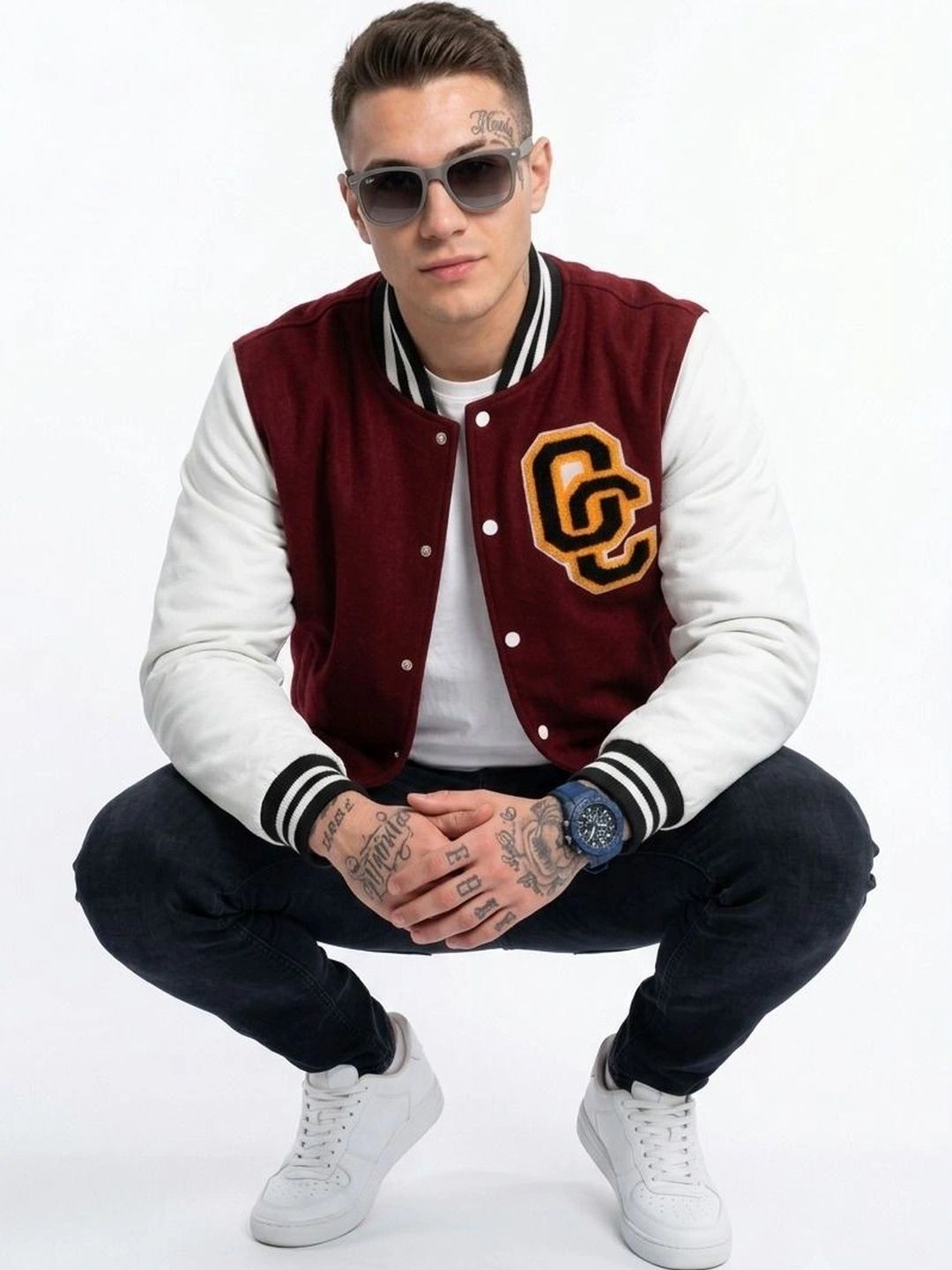 oiin Men Colourblocked Fleece Blend Varsity Jacket with Embroidered-picture-57