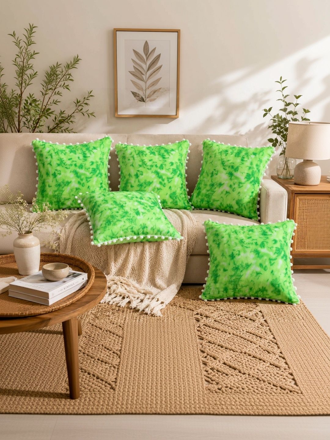 DESI GLAZE Lime Green Set of 5 Abstract Square Cushion Covers-image-9