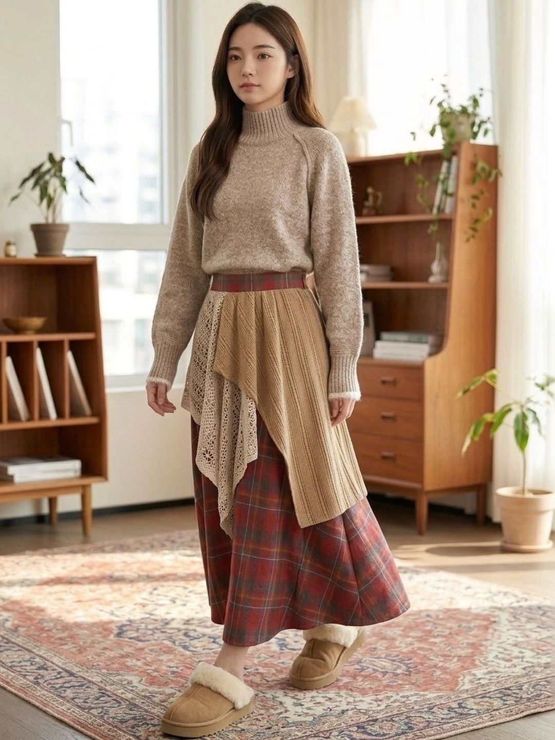 Suo Women Checked Tiered Midi A-Line Skirt-picture-13