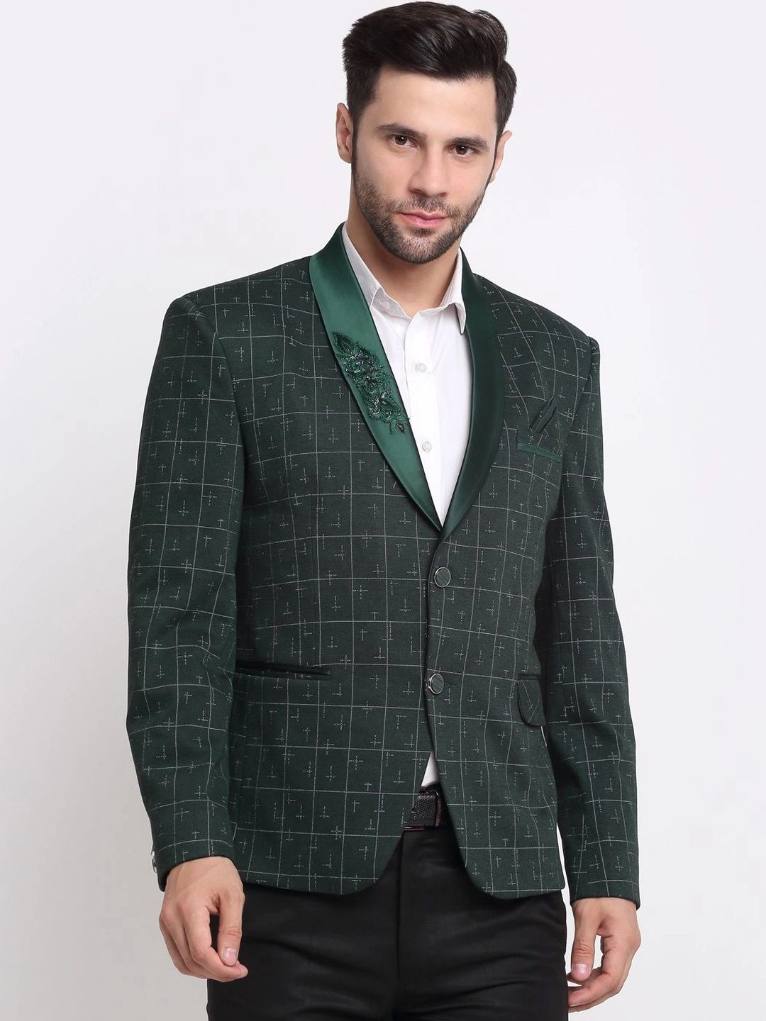 Moda Rapido Checked Shawl Collar Single-Breasted Casual Blazer-image-4