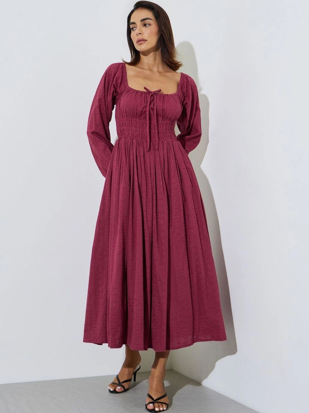 Styli Women Red Smocked Waist Cotton Square-Neck Long Sleeves Fit & Flare Midi Dress-picture-10