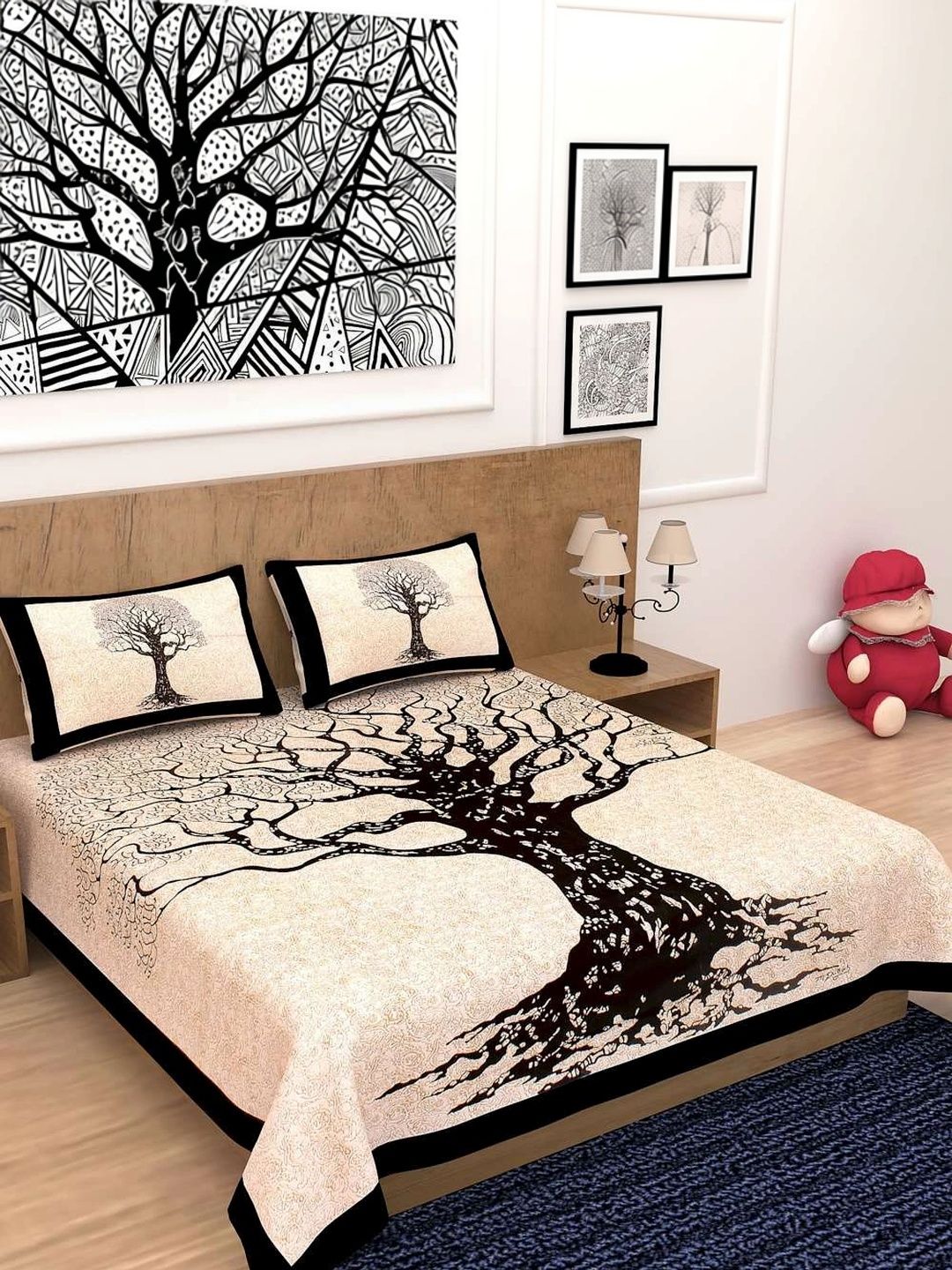 TIMELESS TRENDS Black & Beige Floral 144 TC Queen Bedsheet with 2 Pillow Covers-picture-51