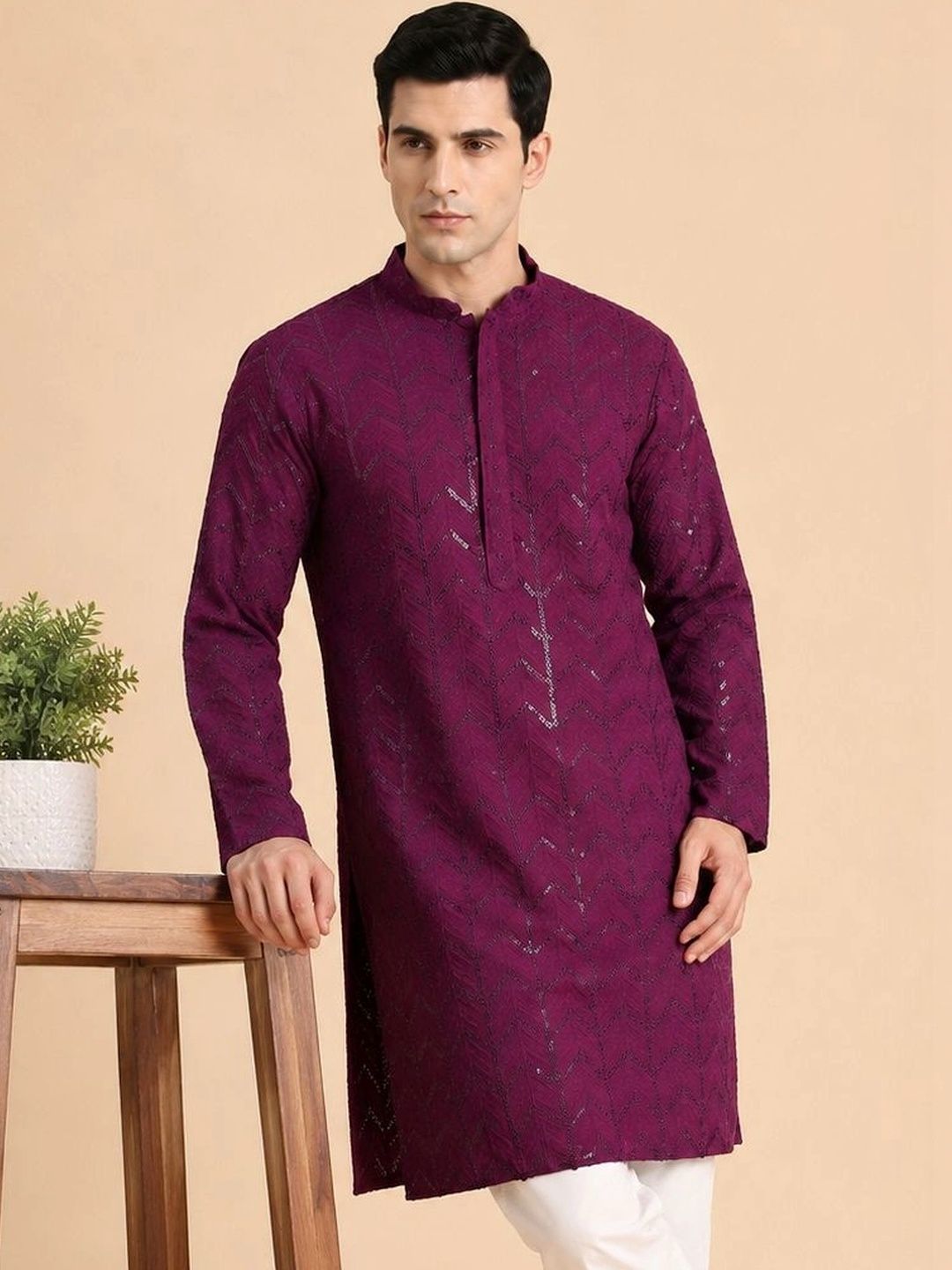 House of Pataudi Men Geometric Embellished Sequinned Kurta-picture-33