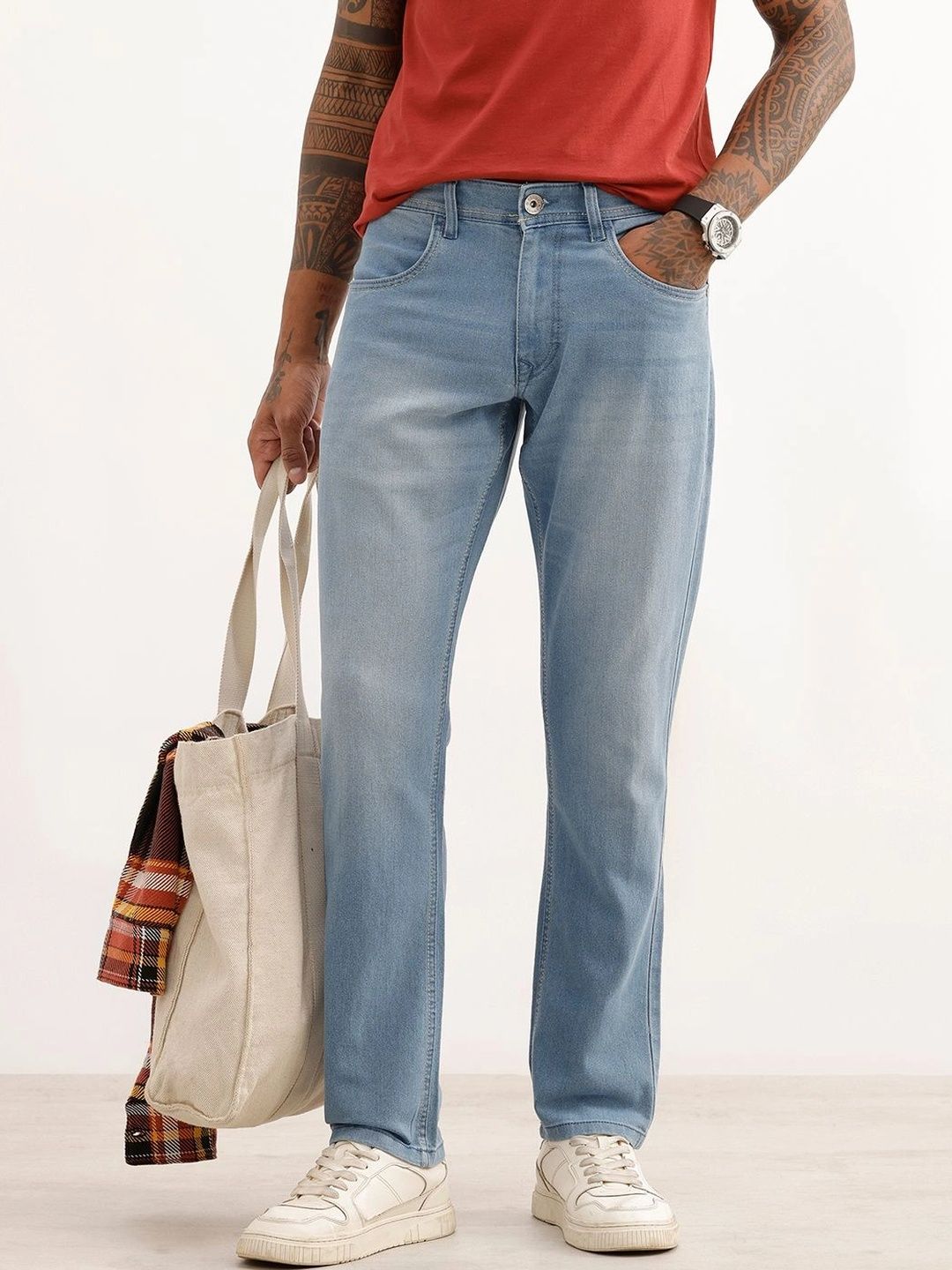 WROGN Men Straight Fit Mid-Rise Light Fade Stretchable Jeans-picture-30