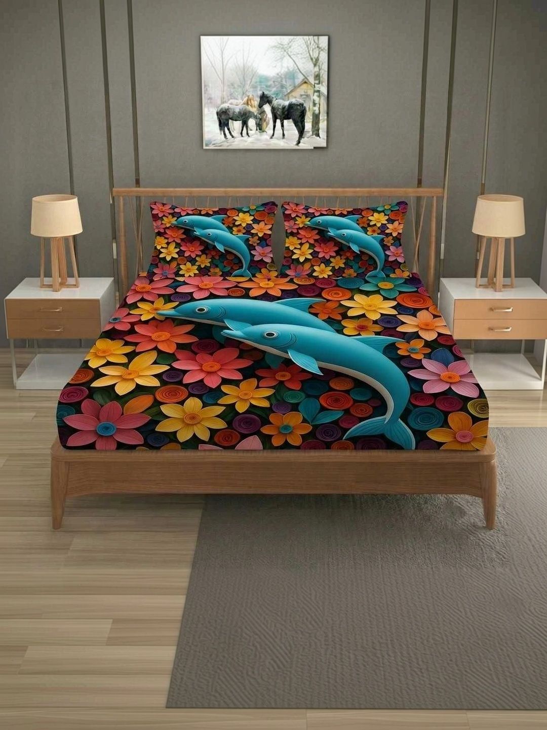 MAA HOME CONCEPT Blue & Blue Floral 400 TC Bedsheet with 2 Pillow Covers-picture-11