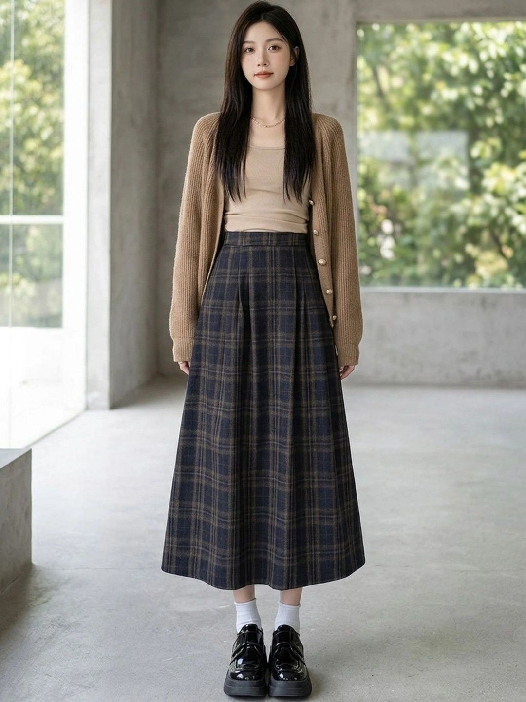 Suo Women Checked Summer Checks Midi A-Line Skirt-picture-25