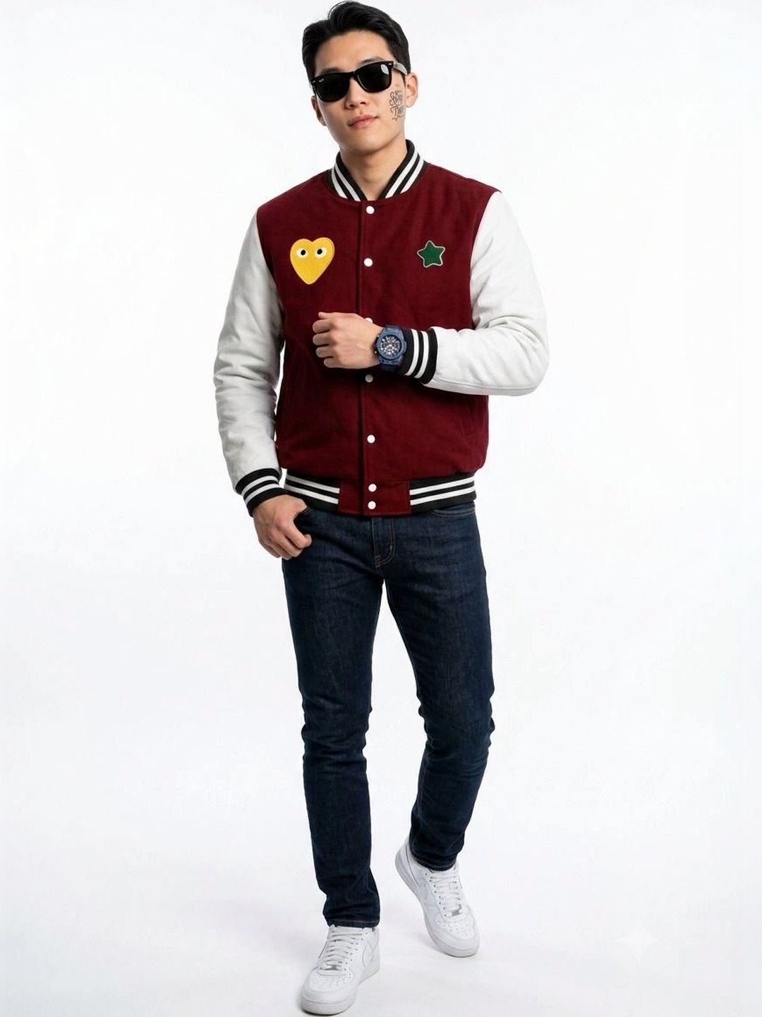 oiin Men Colourblocked Fleece Blend Varsity Jacket with Embroidered-picture-14