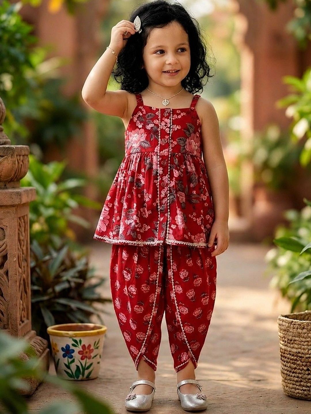 SAKA DESIGNS Girls Floral Printed Regular Pure Cotton Top with Dhoti Pants-picture-23