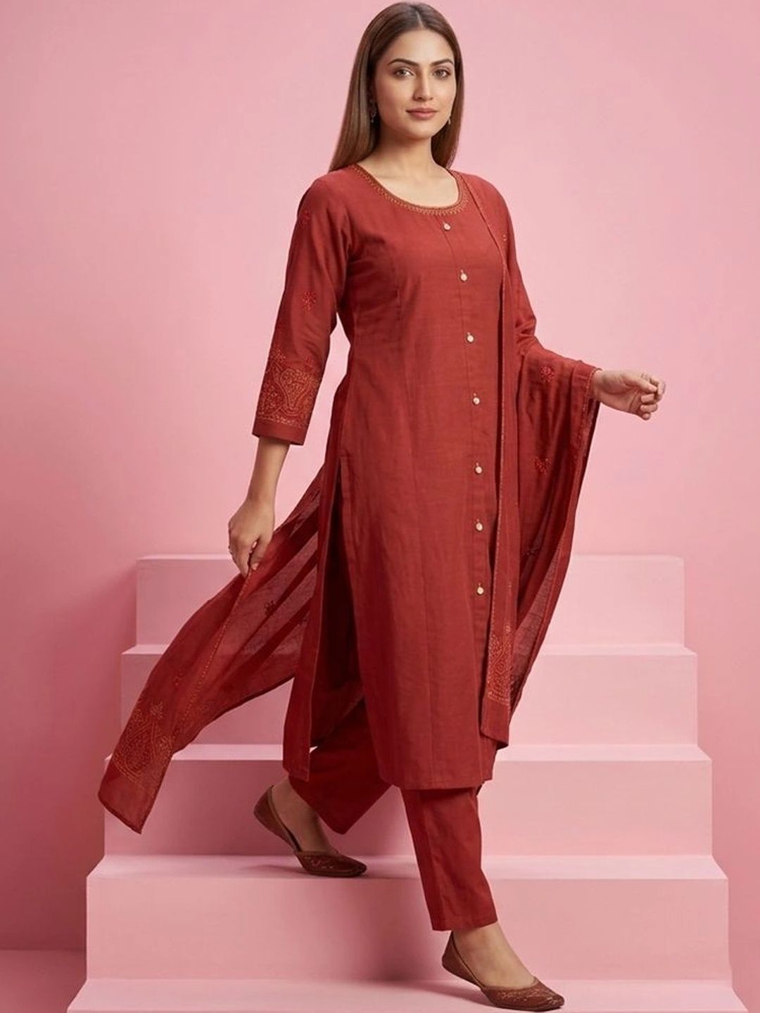gokurtis Ethnic Motifs Embroidered Pure Cotton Thread Work Kurta with Touser & Dupatta-picture-29