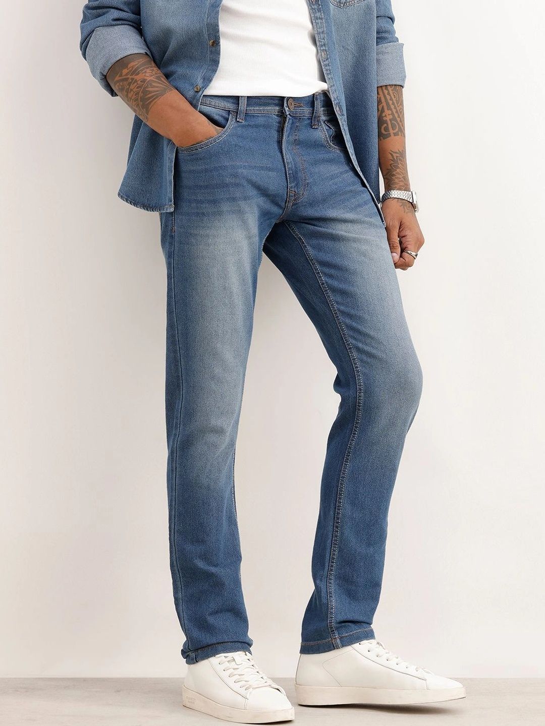 WROGN Men Straight Fit Mid-Rise Light Fade Stretchable Jeans-picture-40