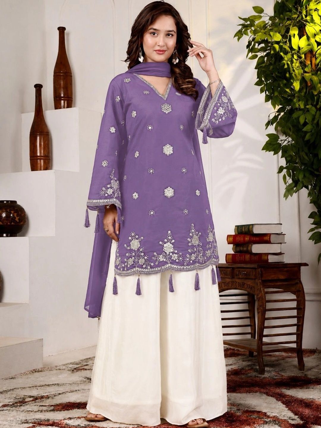 Wtune Women Ethnic Motifs Embroidered Regular Thread Work Kurta with Palazzos & With Dupatta-picture-19