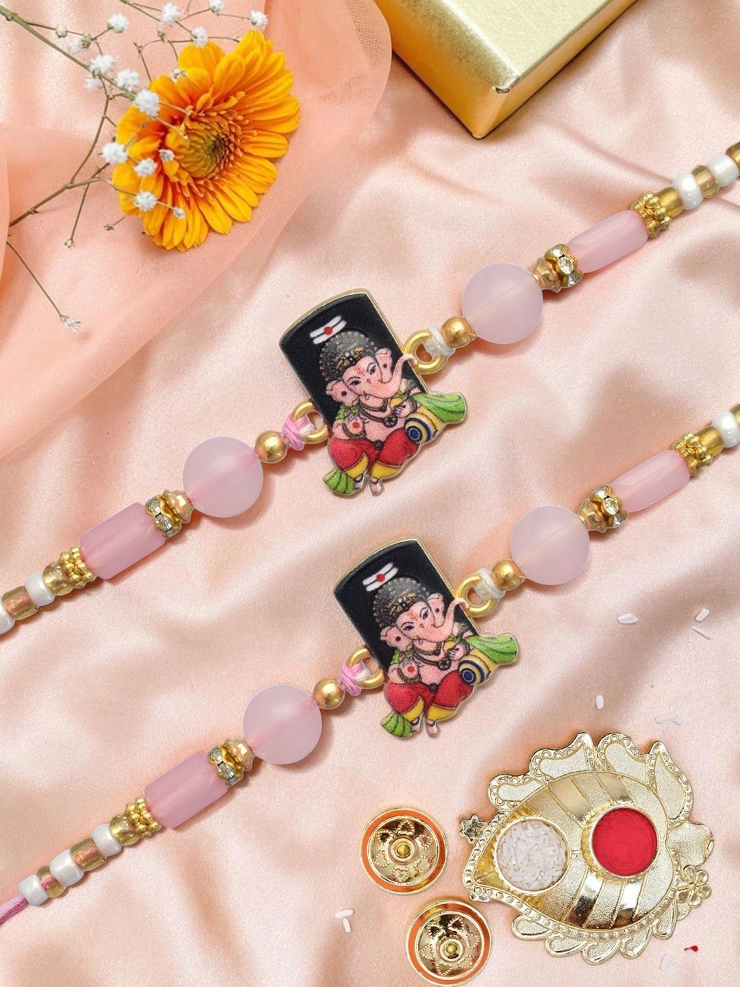 MEIRA JEWELLERY Set Of 2 Gold-Plated Rakhi Gift Set With Decorative Thaali & Greeting Card-picture-48