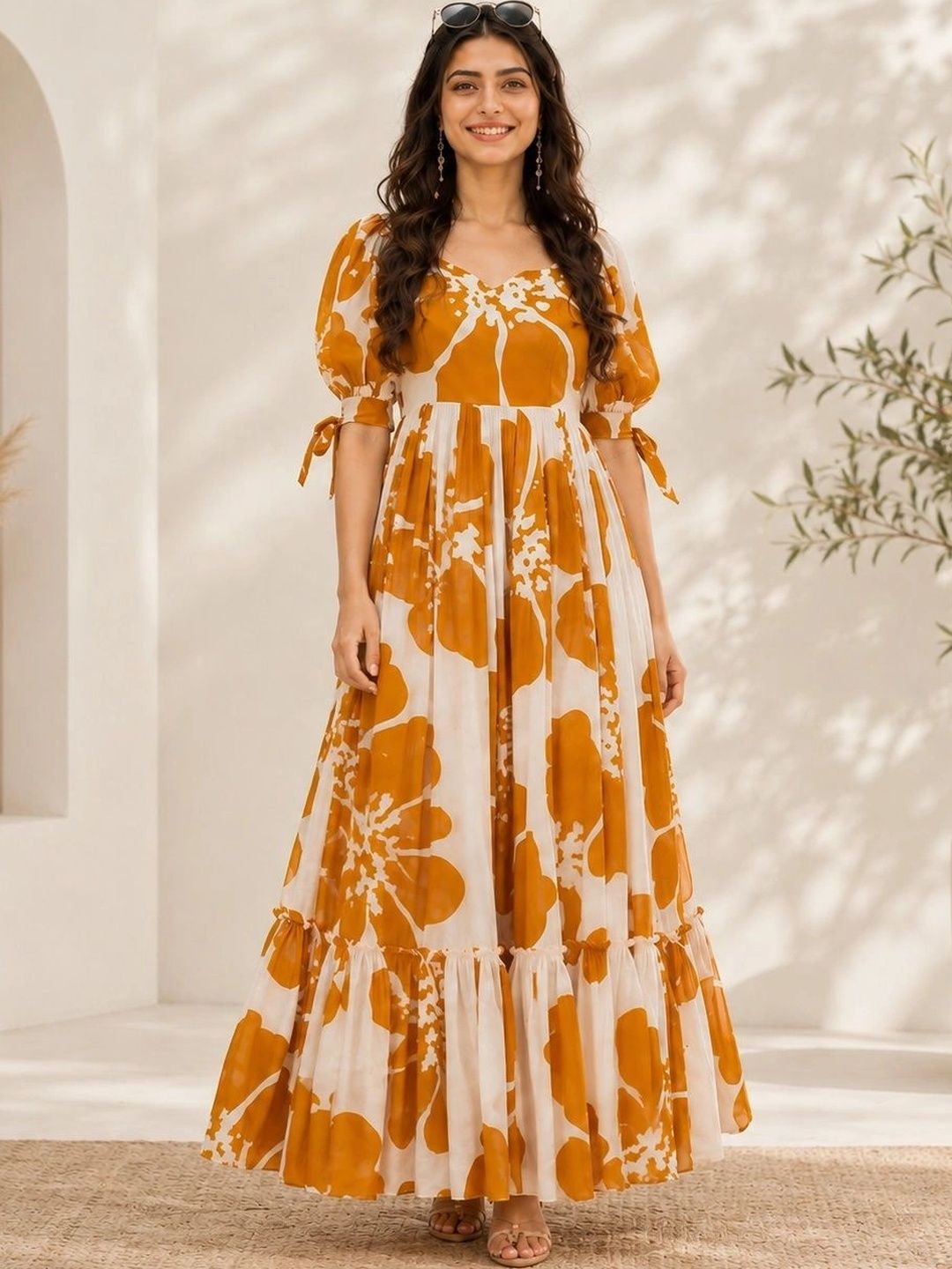 HERE&NOW Printed Cotton V-Neck A-Line Ethnic Dresses-image-33