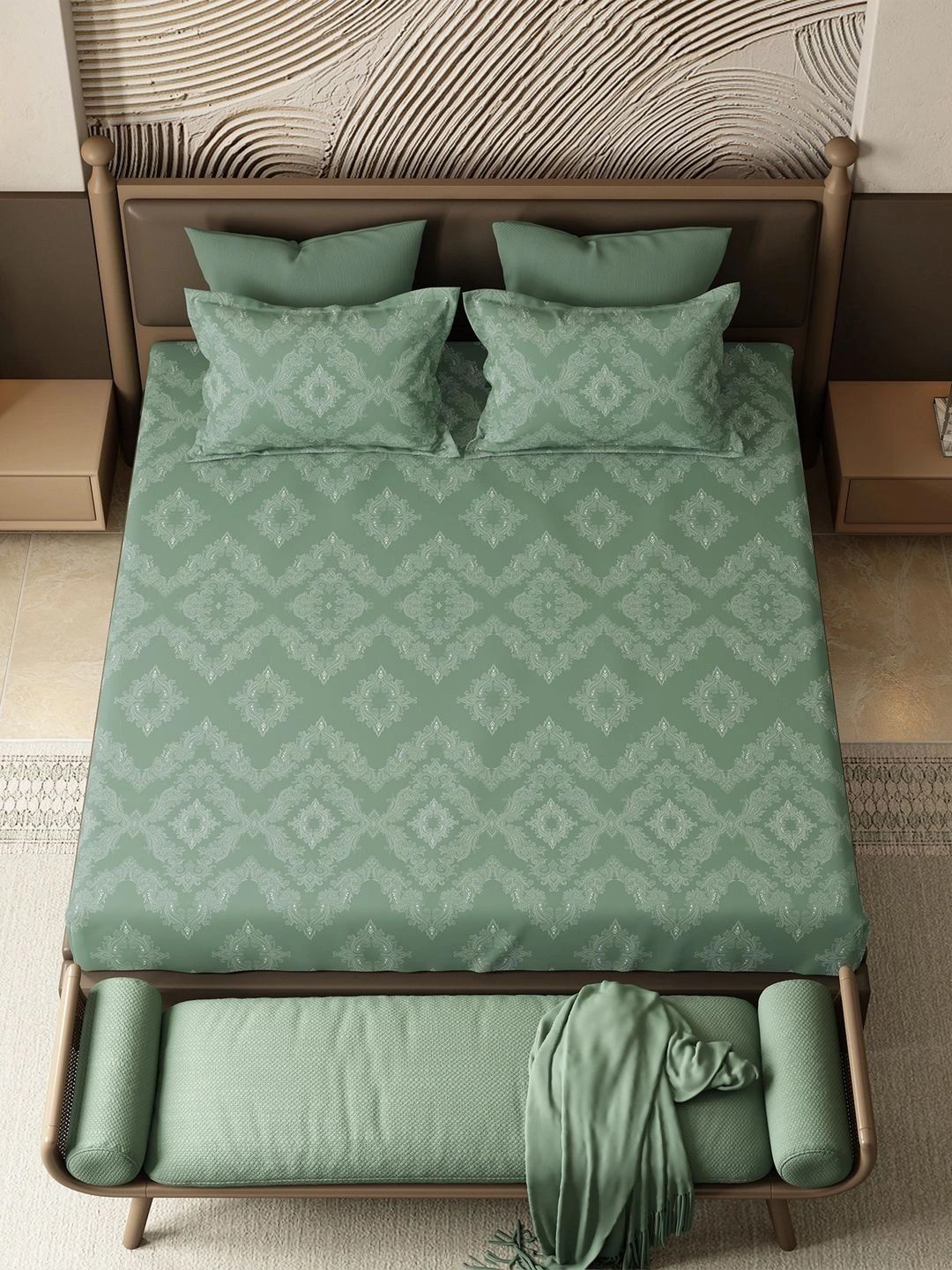 MYTRIDENT Green Floral 144 TC King 3-Pcs Bedsheet With Pillow Covers-image-5