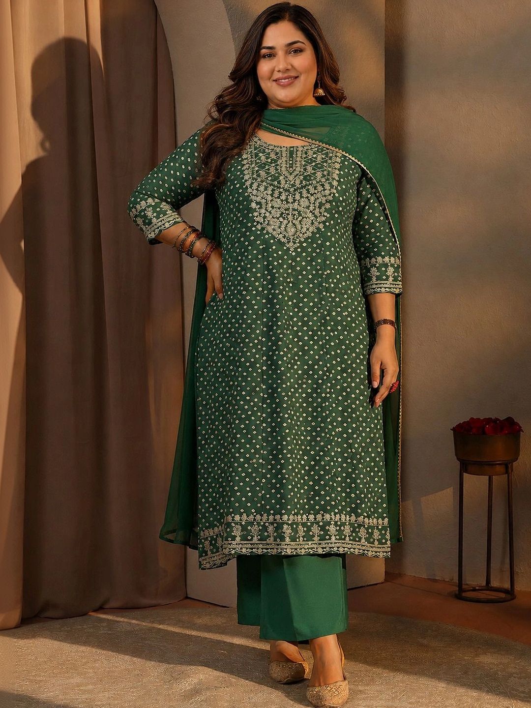 EXTRA LOVE BY LIBAS Women Ethnic Motifs Printed Regular Thread Work Kurta with Trousers & With Dupatta-picture-24