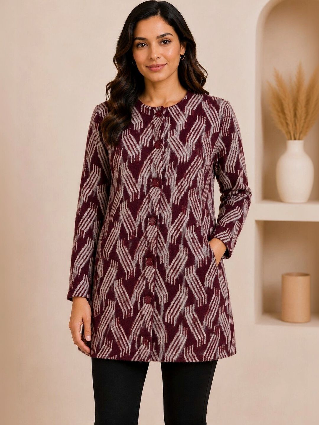 FIRST SLEEP Self Design Woolen Round Neck Single Breasted Long Overcoat-picture-14