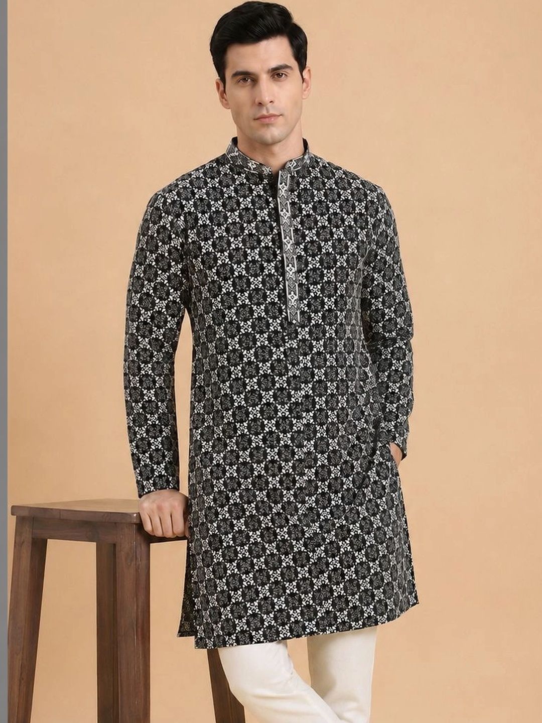 House of Pataudi Men Geometric Printed Thread Work Kurta-picture-52