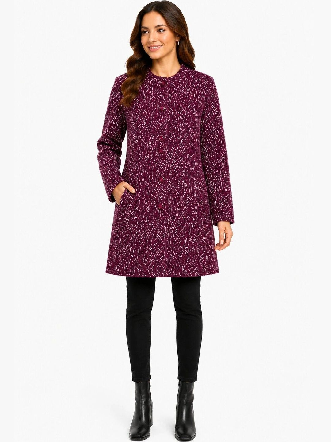 HIMYUG Self Design Woolen Round Neck Single Breasted Long Overcoat-picture-49