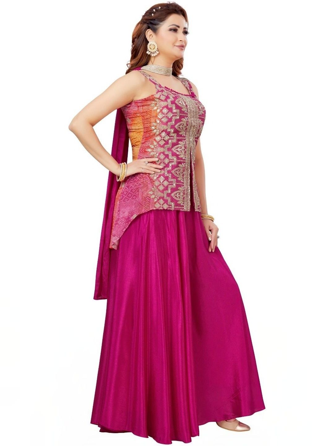 Harvi Ethnic Motifs Embroidered Regular Silk Chiffon Kurta with Palazzos & With Dupatta-picture-10