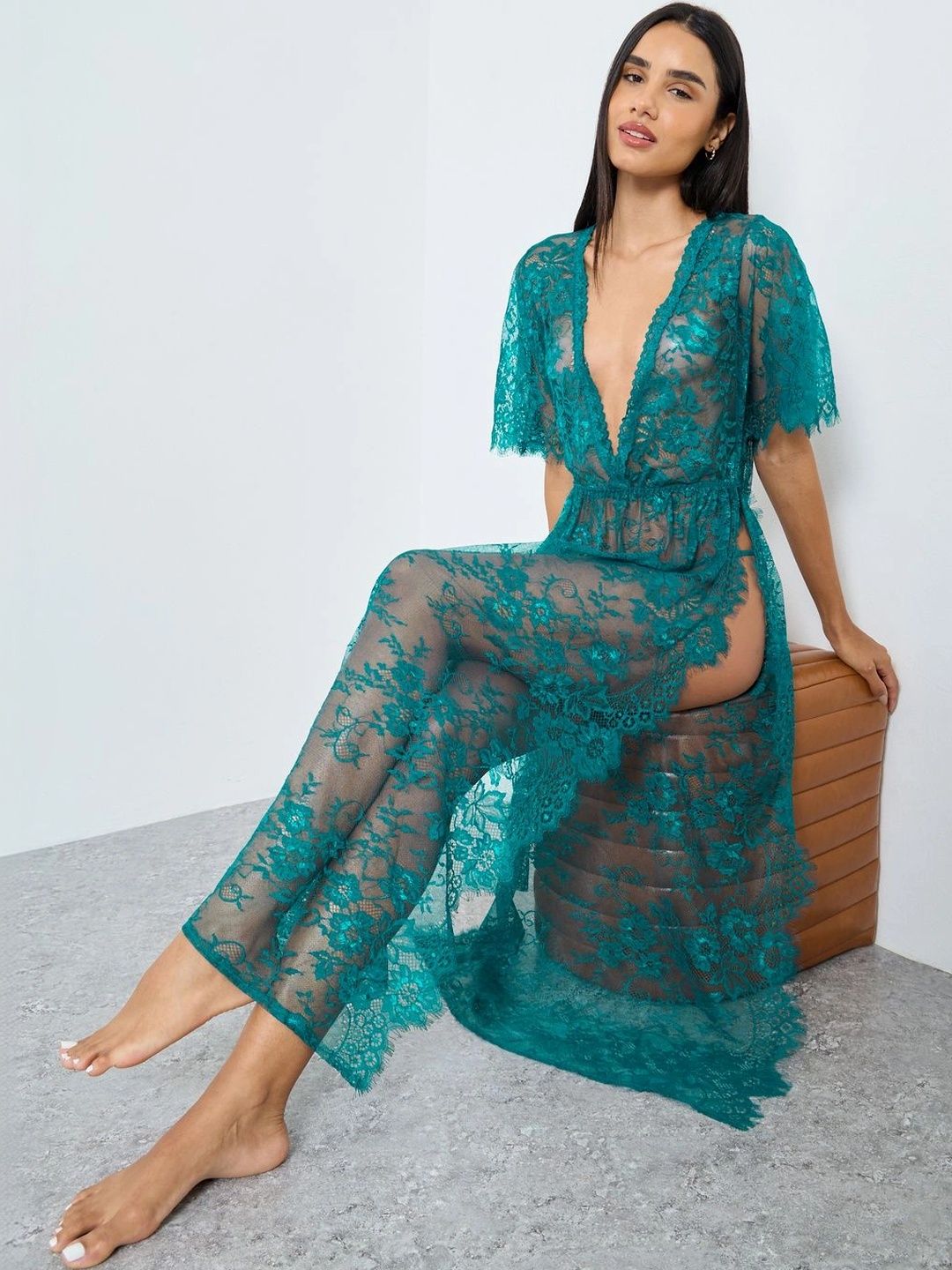 Styli Women Green Floral Pattern Lace Maxi Slip Dress with Thigh High Slit and Brief-picture-11