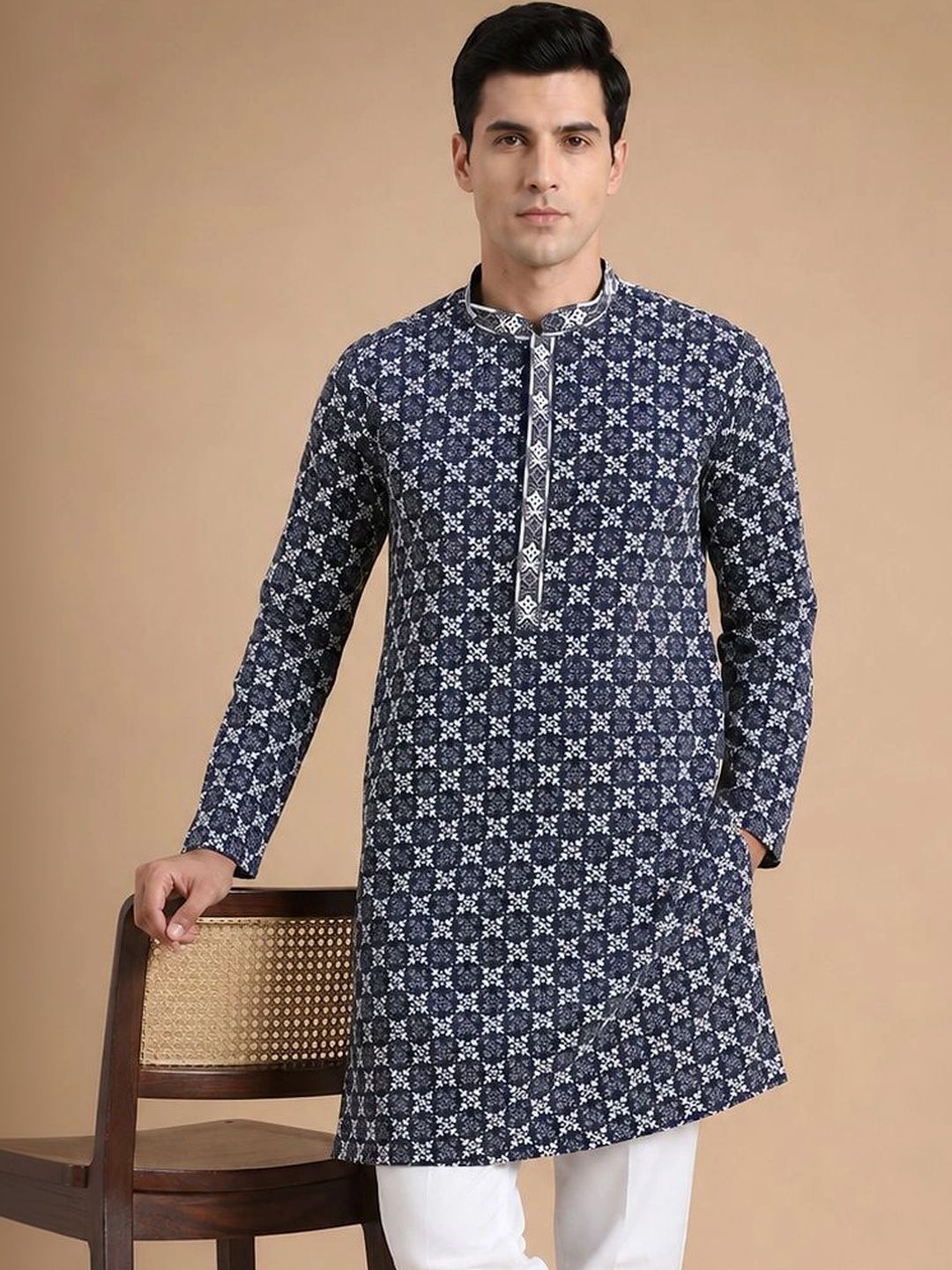 House of Pataudi Men Ethnic Motifs Printed Thread Work Kurta-picture-17