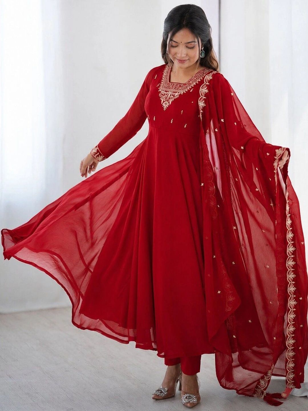 GRINISH Ethnic Motifs Embroidered V-Neck Pure Cotton Anarkali Kurti-picture-14