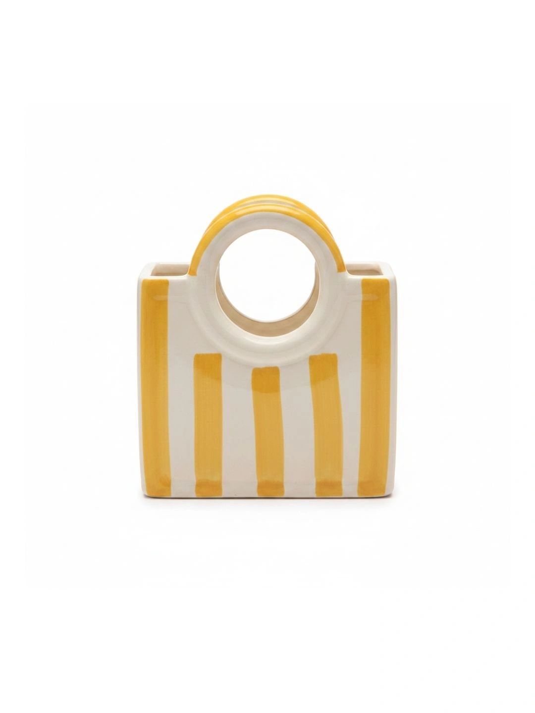 Kraftlik Handicraft Yellow & White Striped Ceramic Basket Vase-picture-16