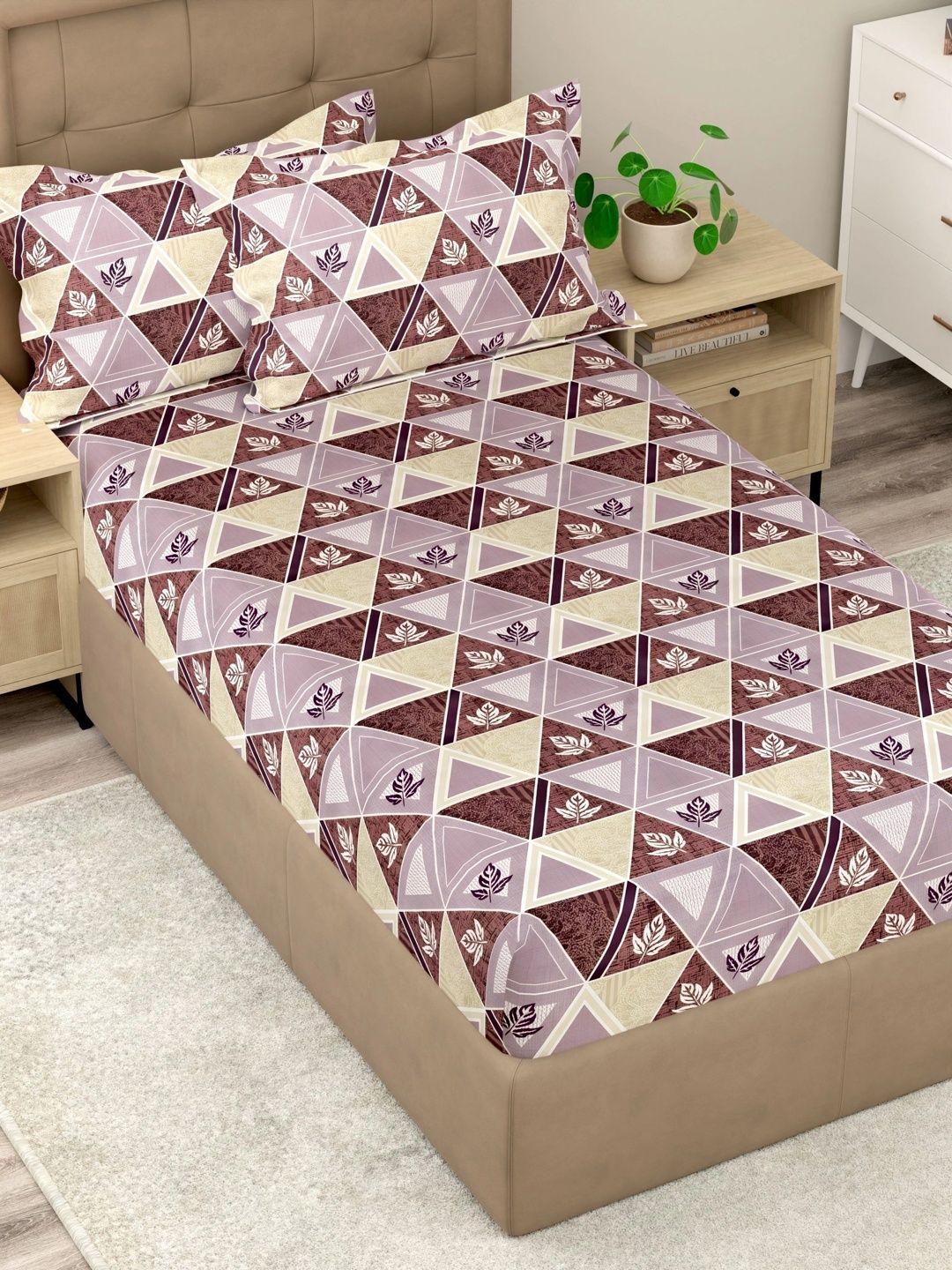 Pure Decor Purple & Beige 180 TC Single Bedsheet with 2 Pillow Covers-image-29