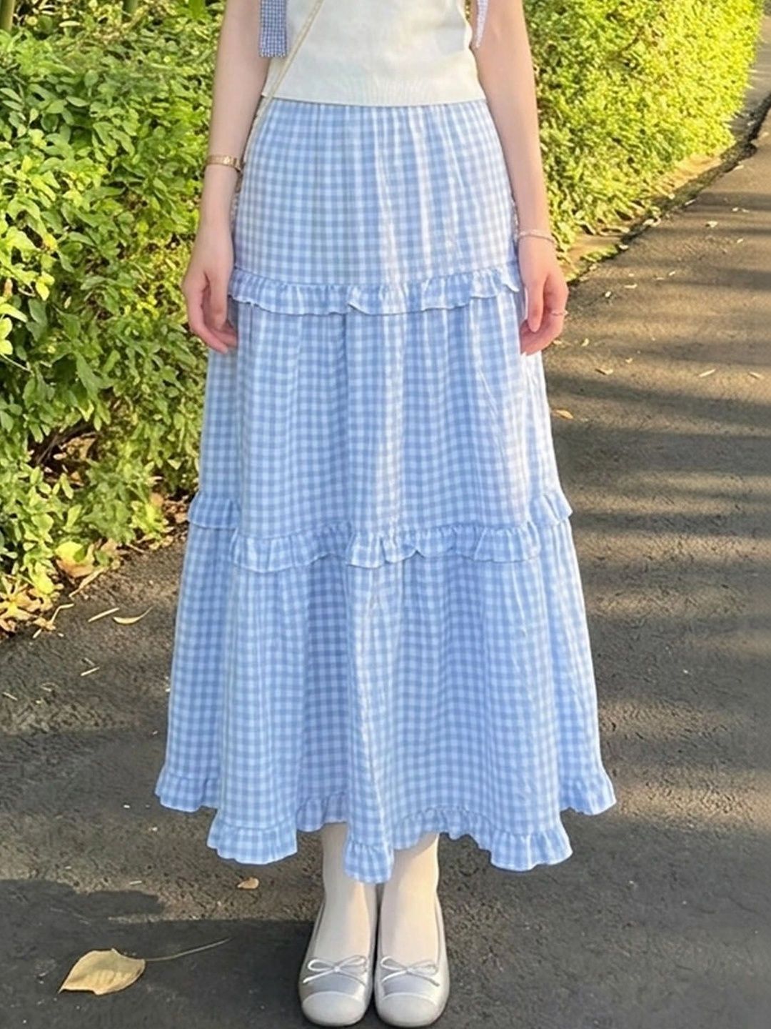 Suo Women Checked Tiered Midi A-Line Skirt-picture-25