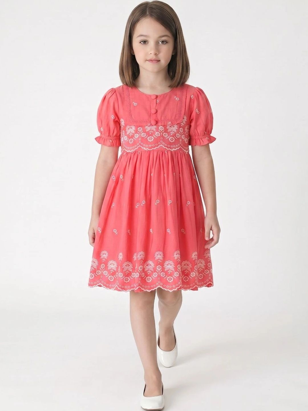 Sangria Floral Embroidered Puff Sleeve A-Line Dress-image-33