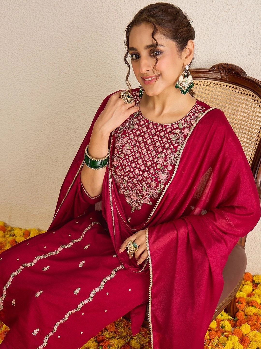 Janasya Women Ethnic Motifs Embroidered Regular Thread Work Kurta with Trousers & With Dupatta-picture-38