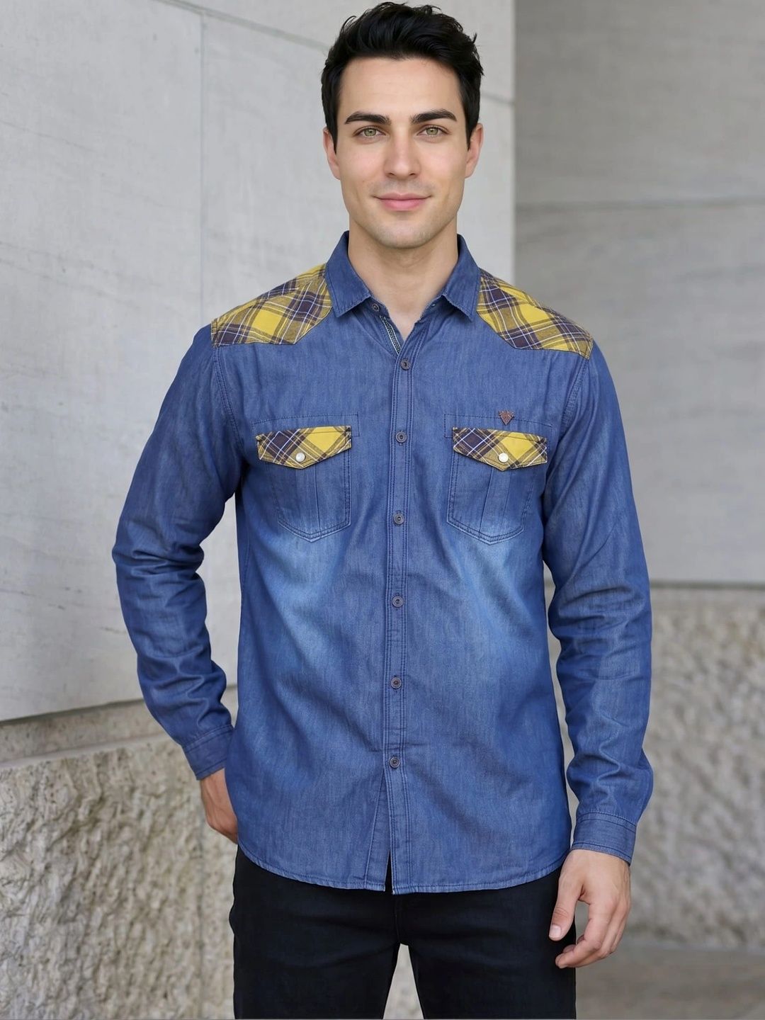 Kuons Men Classic Colourblocked Denim Casual Shirt-picture-17