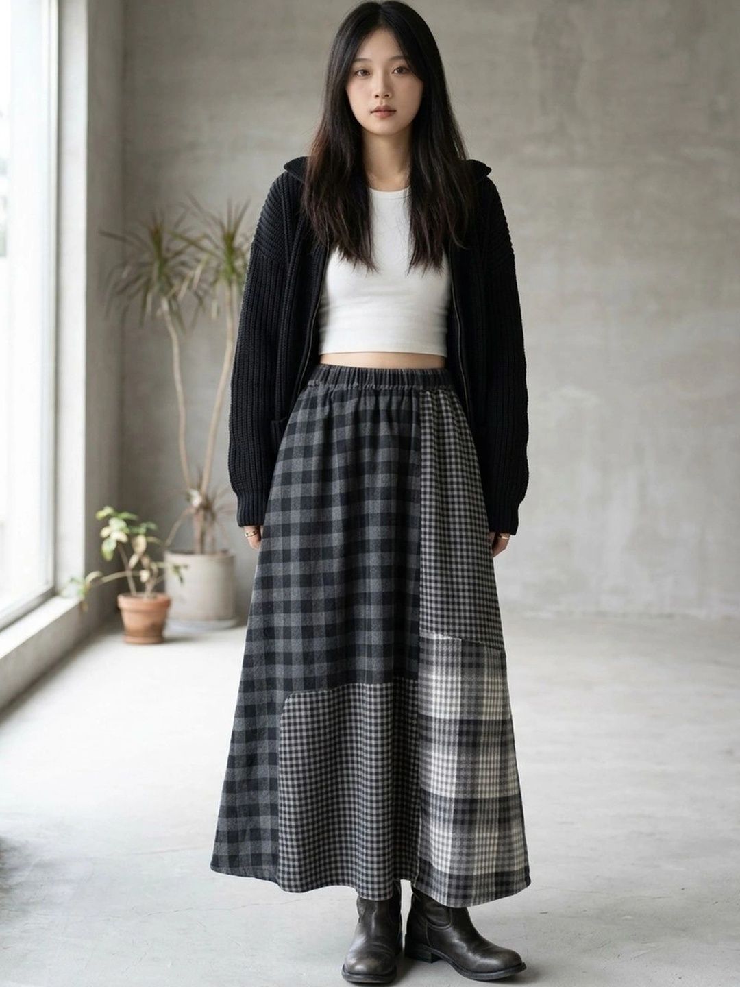 Suo Women Checked Maxi A-Line Skirt-picture-23