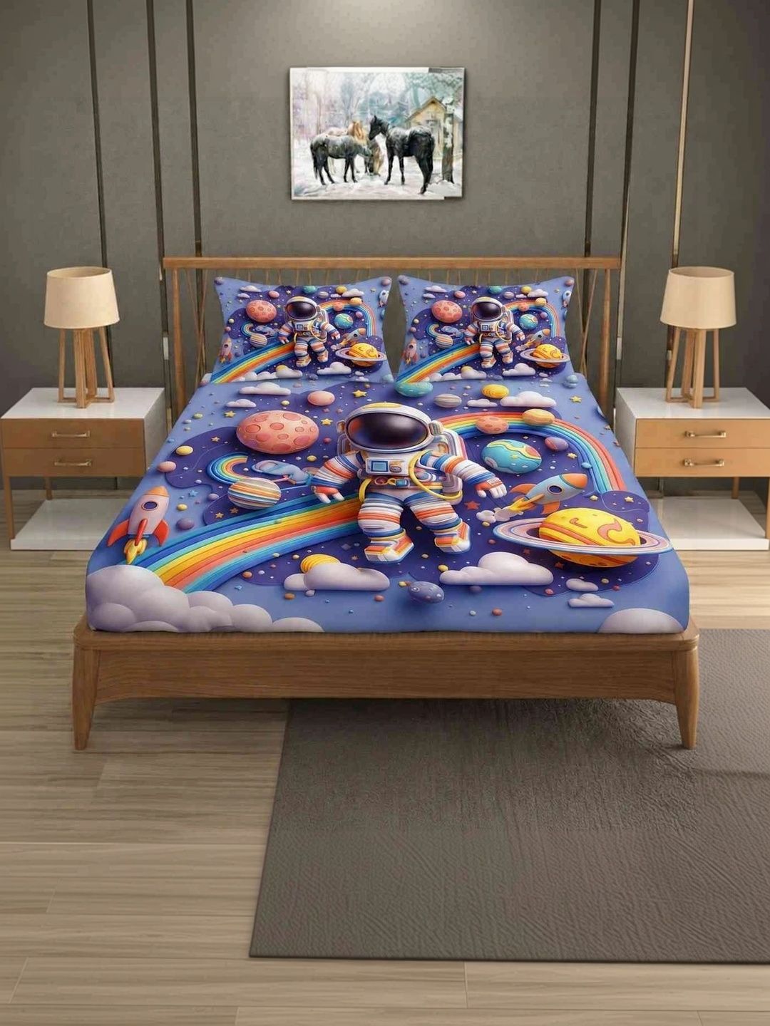 MAA HOME CONCEPT Blue & Blue Graphic 400 TC Bedsheet with 2 Pillow Covers-image-46