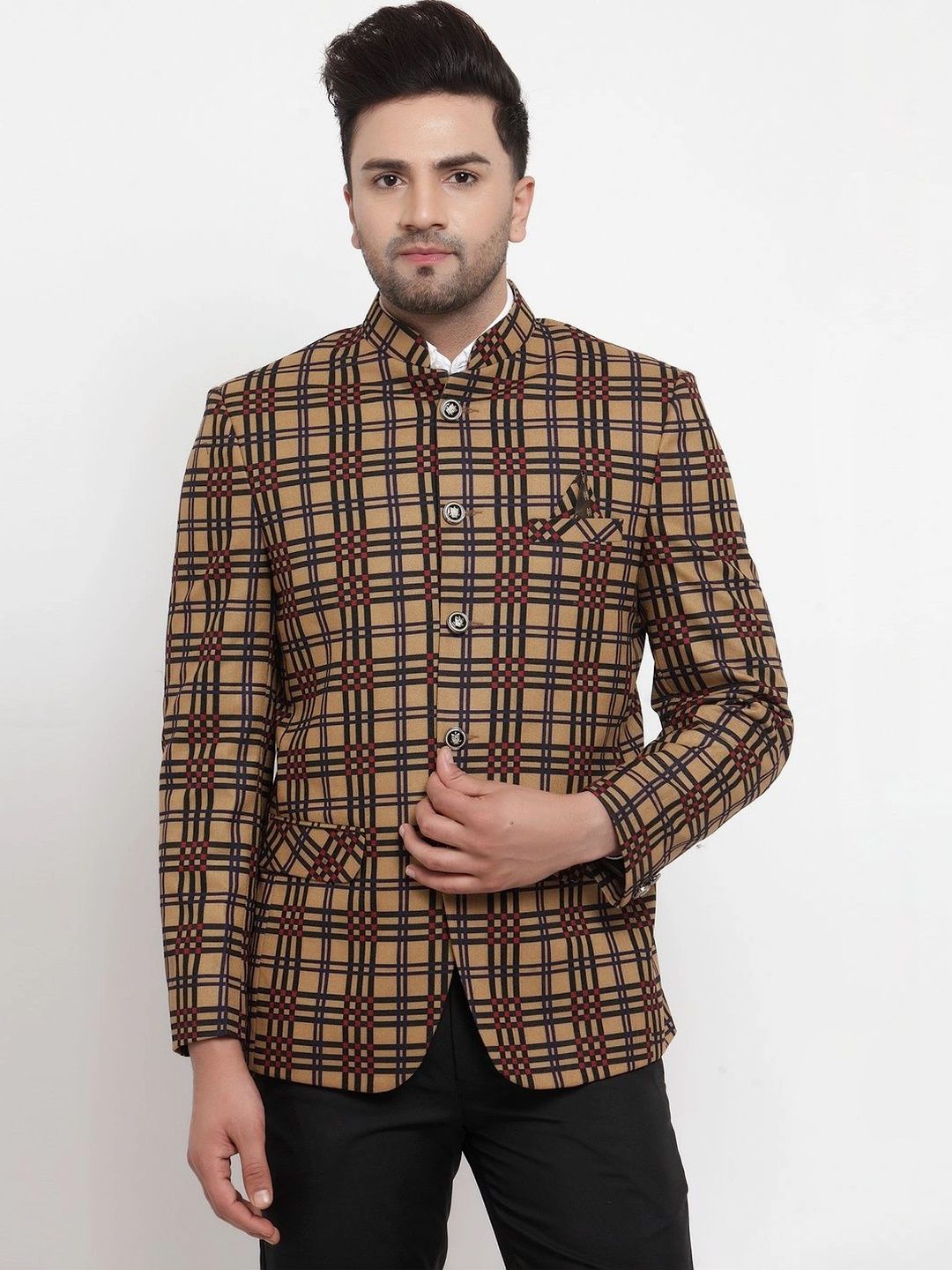 Moda Rapido Checked Mandarin Collar Single-Breasted Casual Blazers-picture-21