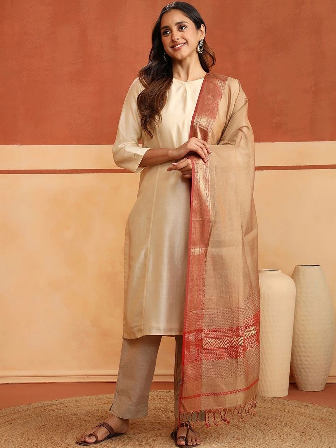 Fabindia Ethnic Motifs Woven Design Cotton Silk Blend Dupatta-picture-33