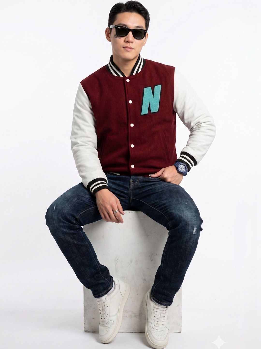oiin Men Brand Logo Colourblocked Fleece Blend Varsity Jacket-picture-30