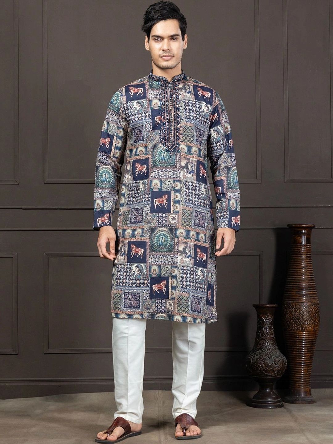 EKYAA Men Ethnic Motifs Printed Mirror Work Indie Prints Kurta-picture-15