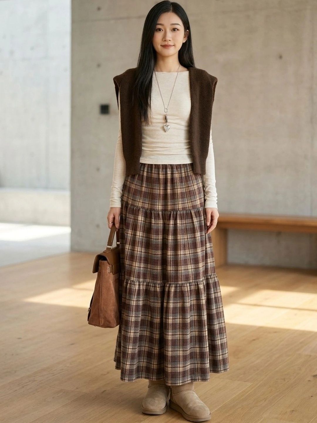 Suo Women Checked Tiered Maxi Tiered Skirt-picture-28
