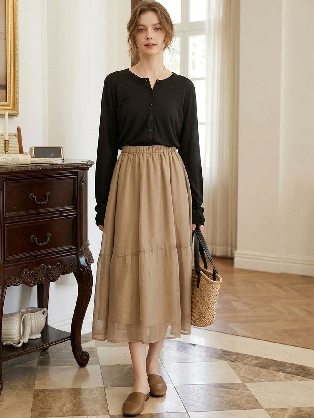 Suo Women Tiered Midi A-Line Skirt-picture-29