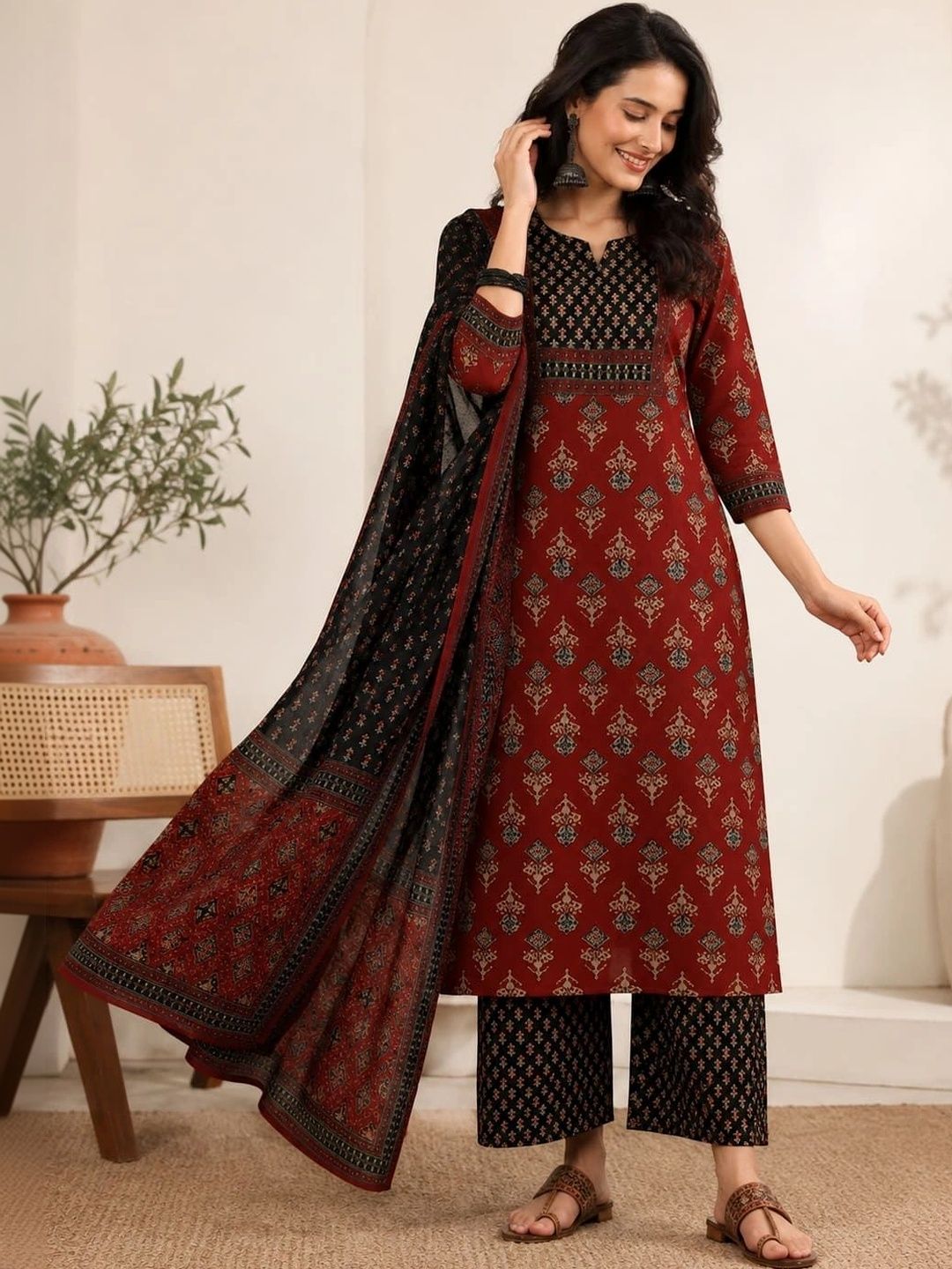 KBZ Women Ethnic Motifs Printed Regular Pure Cotton Kurta with Palazzos & With Dupatta-picture-0
