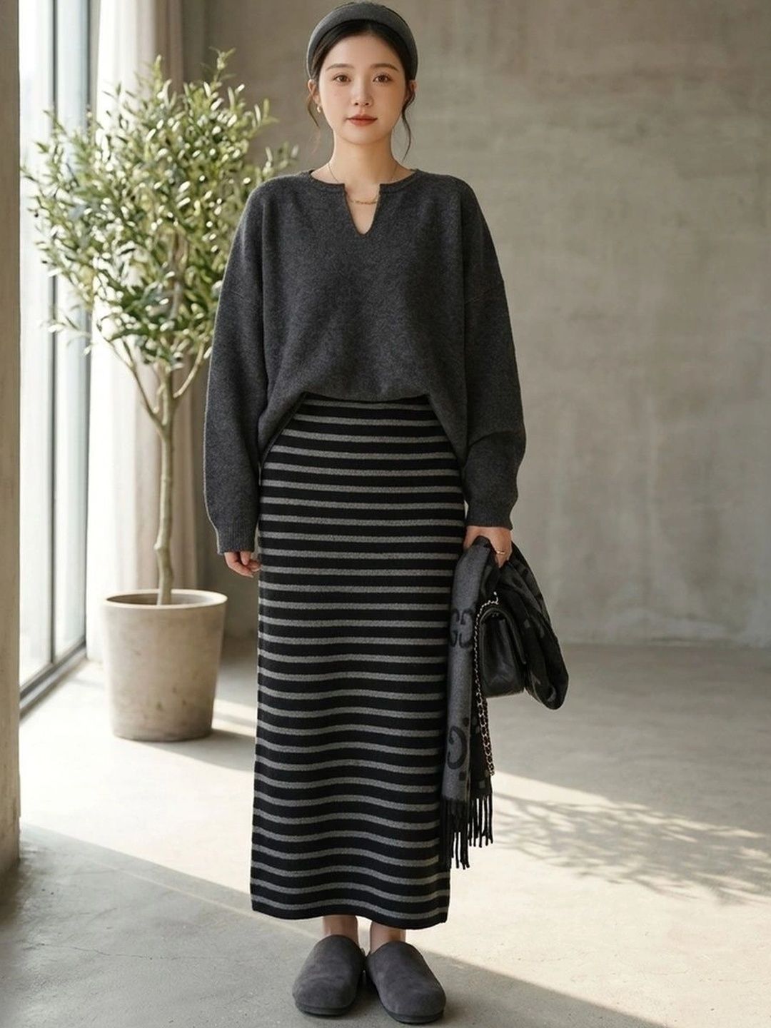 Suo Women Striped Maxi Straight Skirt-picture-34
