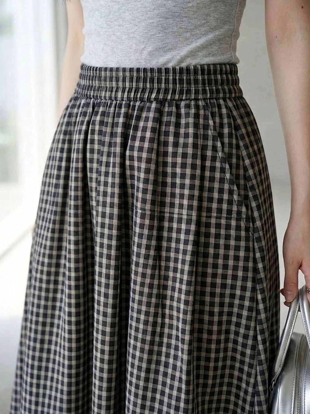 Suo Women Checked Summer Checks Midi A-Line Skirt-picture-23