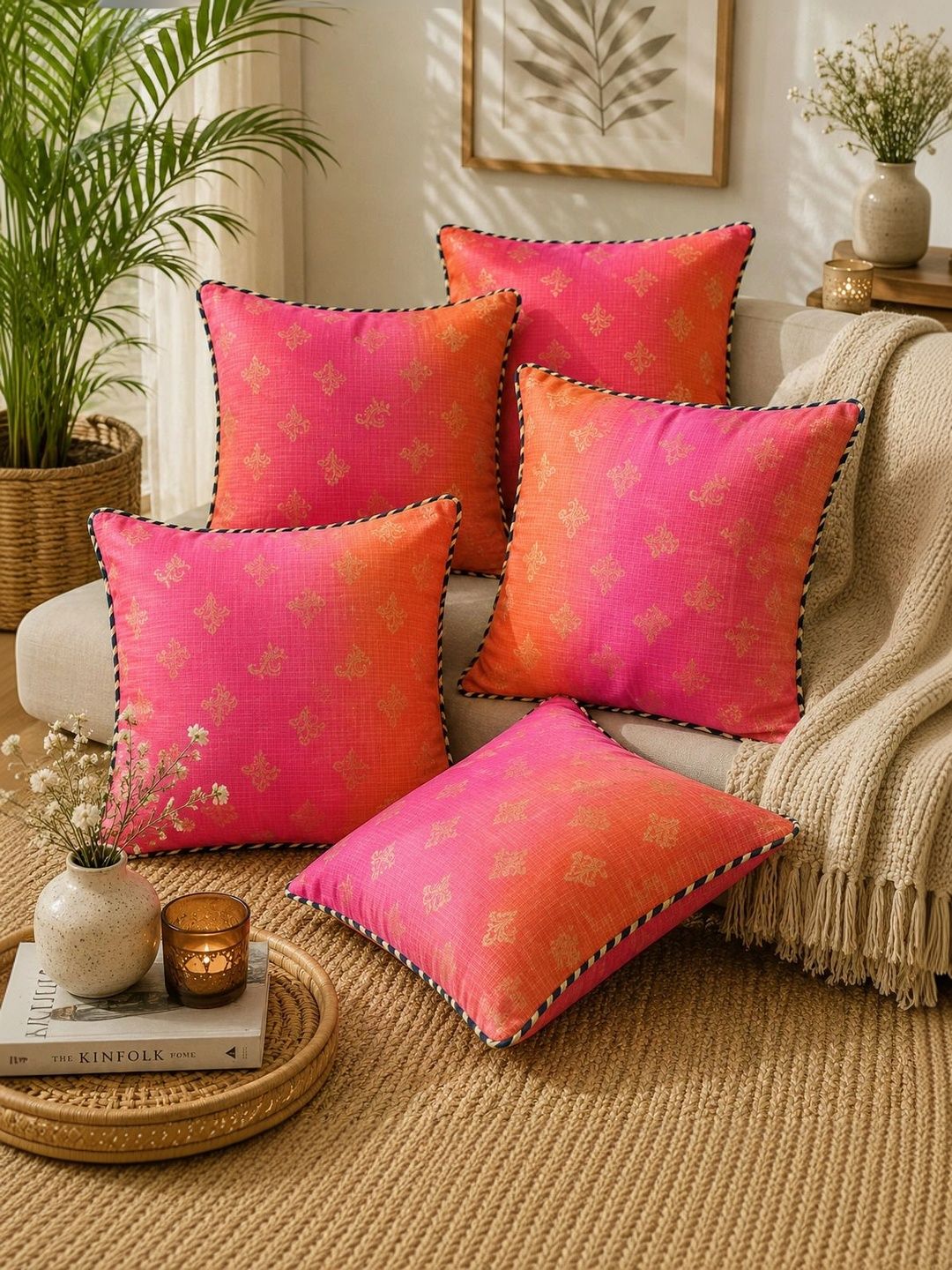 DESI GLAZE Orange Set of 5 Ethnic Motifs Square Cushion Covers-picture-52