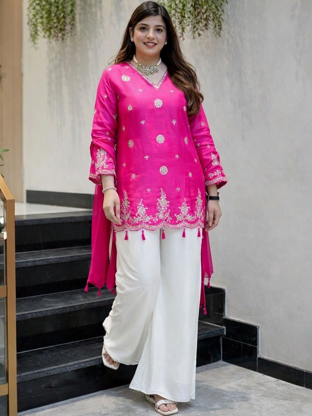 Wtune Ethnic Motifs Embroidered Regular Thread Work Kurta with Palazzos & With Dupatta-picture-51