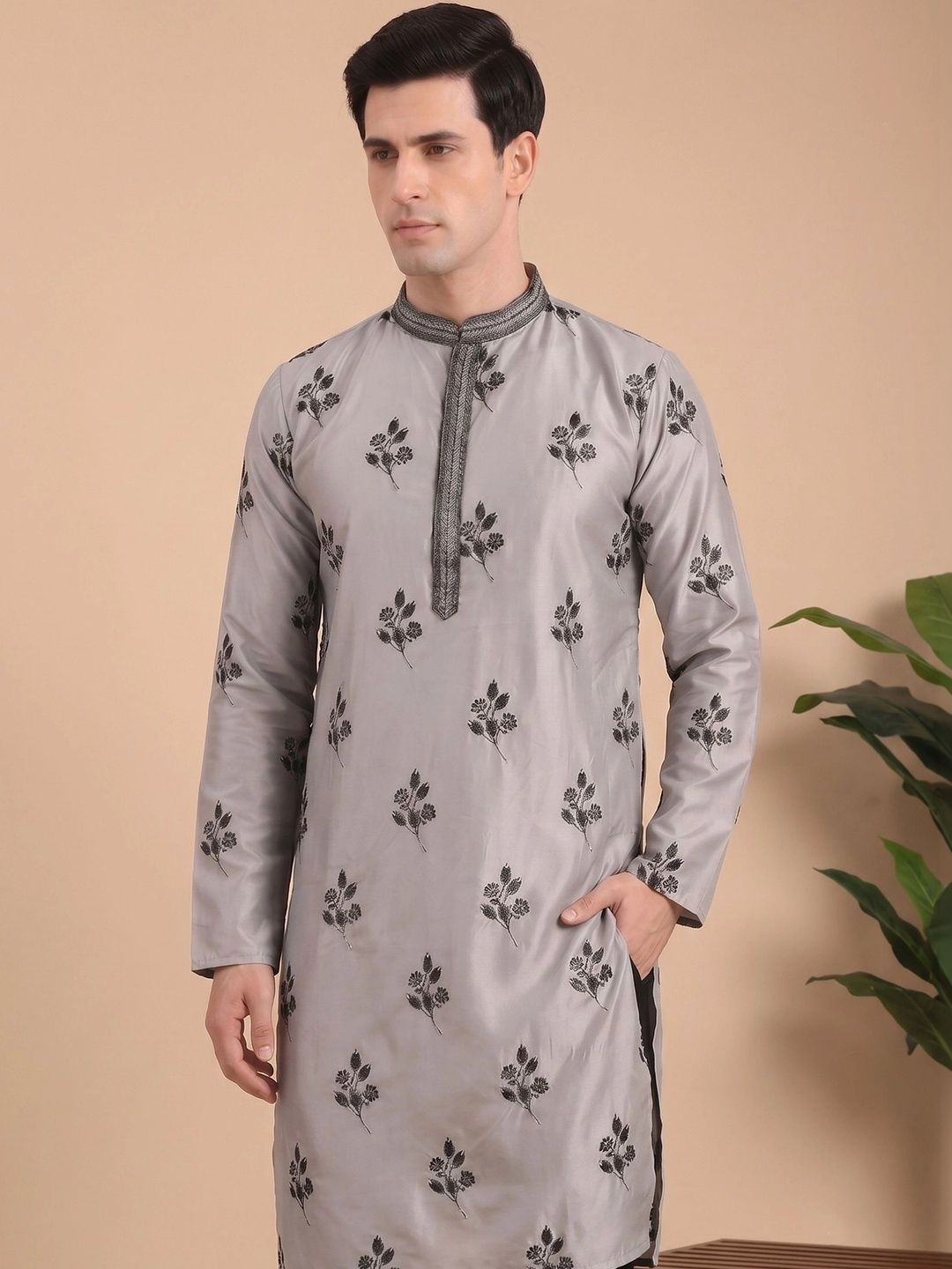 House of Pataudi Men Floral Printed Thread Work Kurta-picture-19