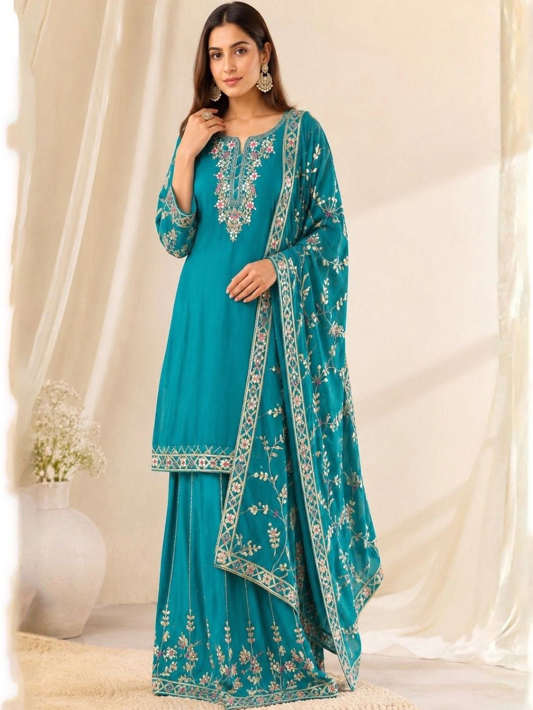 KALINI Women Ethnic Motifs Embroidered Regular Thread Work Pure Silk Kurta with Sharara & With Dupatta-picture-36