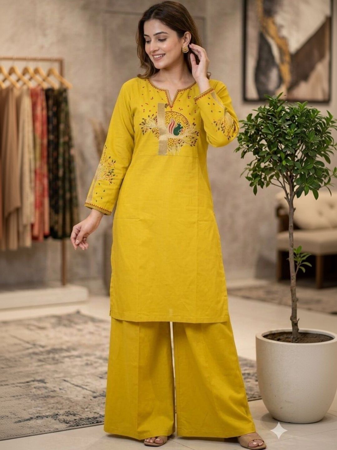 MAHALAXMI CREATION Ethnic Motifs Embroidered V-Neck Pure Cotton Blend Kurti-picture-57